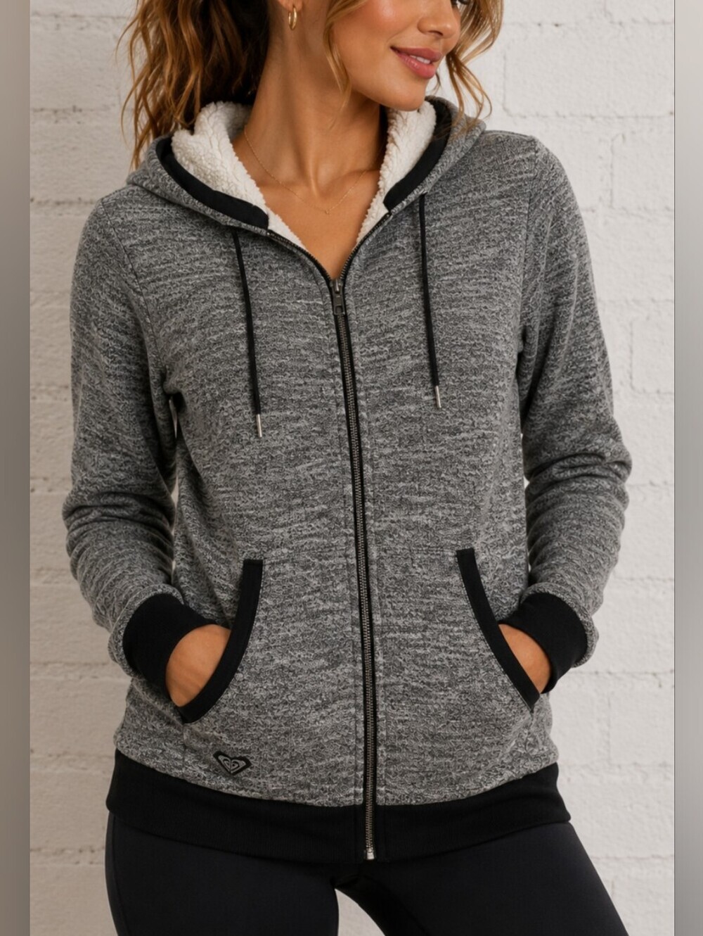 Roxy Womens Small Gray Sherpa Lined Full Zip Hoodie Cozy Fleece Sweatshirt